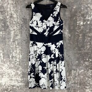 Chaps Size 4 Dark Floral Tropical Mini Fit Flare Dress Navy White Sleeveless Zip